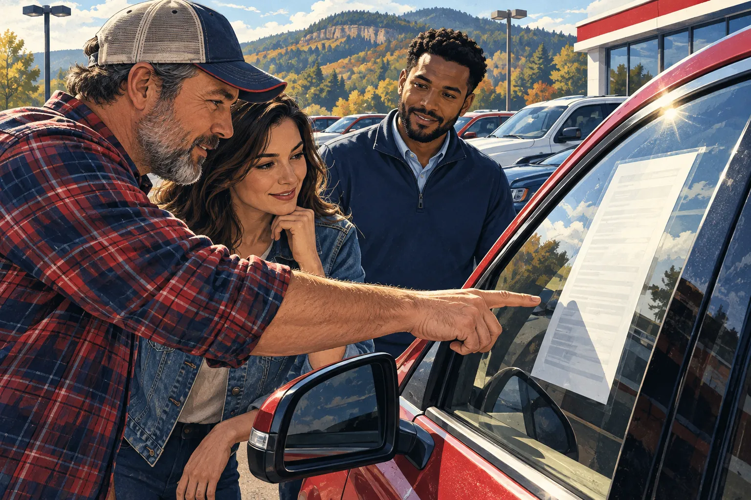 Editorial illustration of a hand pointing to an unlettered document displayed inside a used-car window.