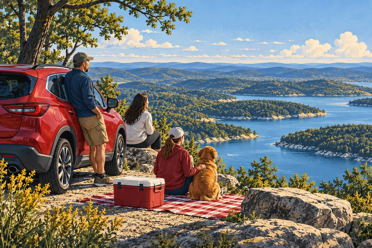 Editorial illustration of a family, picnic cooler, and parked red crossover at a scenic Ozark lake overlook.