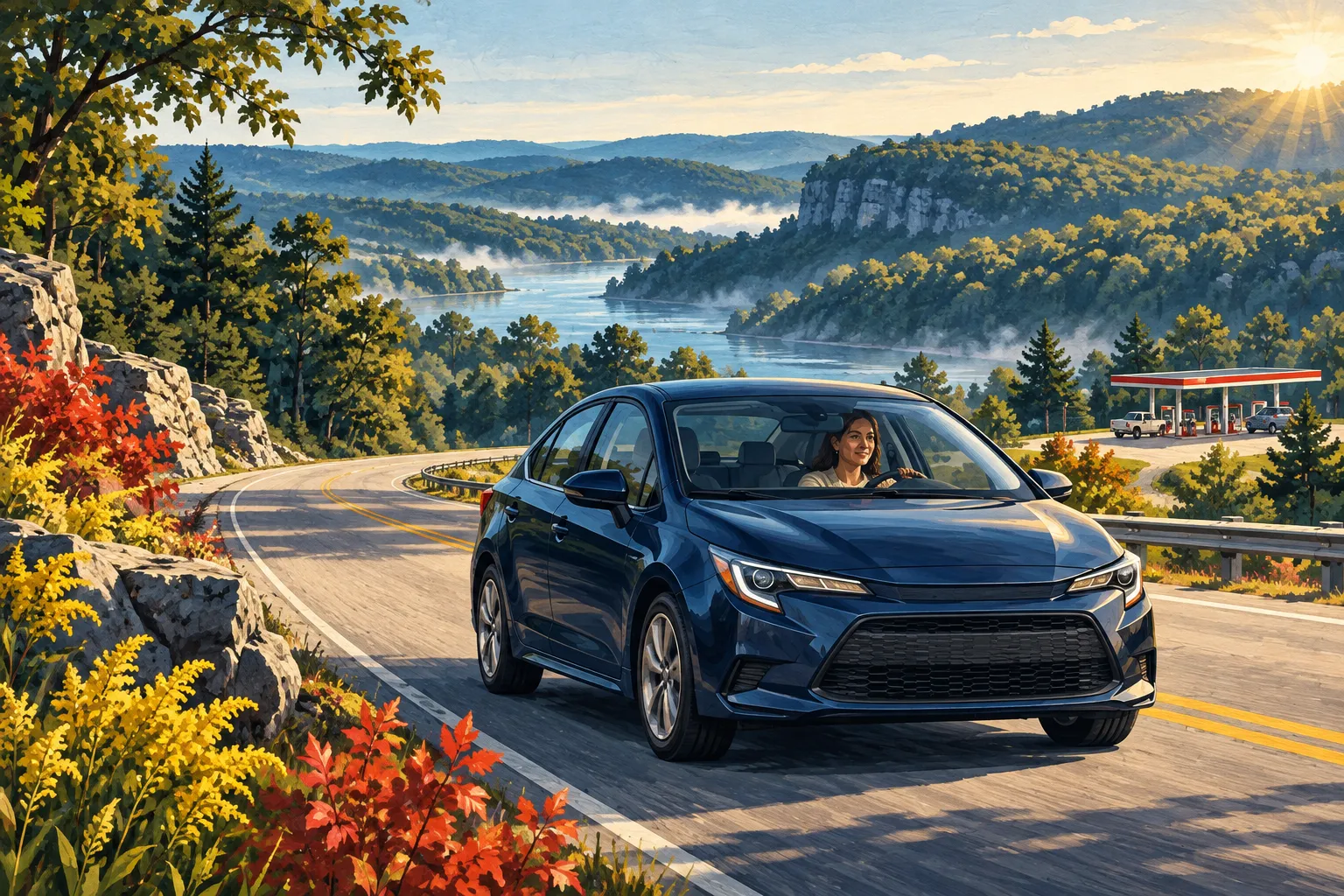 Editorial illustration of a navy compact car on a quiet morning road through rolling Ozark hills.