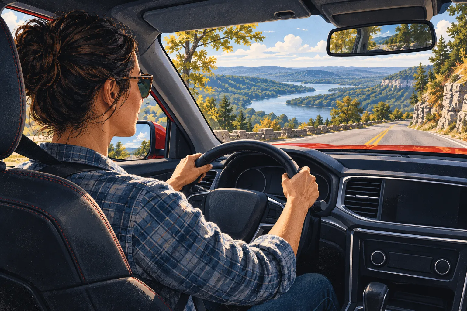 Editorial illustration of a belted adult seated at the wheel of a parked car, looking through the windshield.