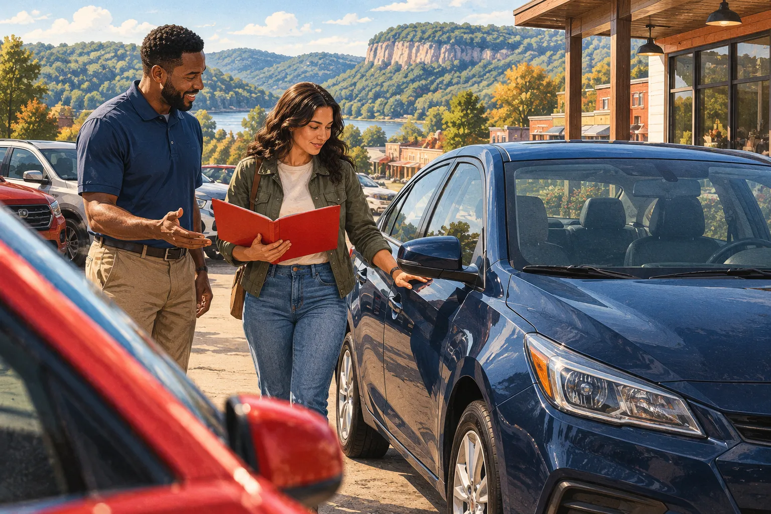 Editorial illustration of a young adult and a dealership professional beside a navy compact car.
