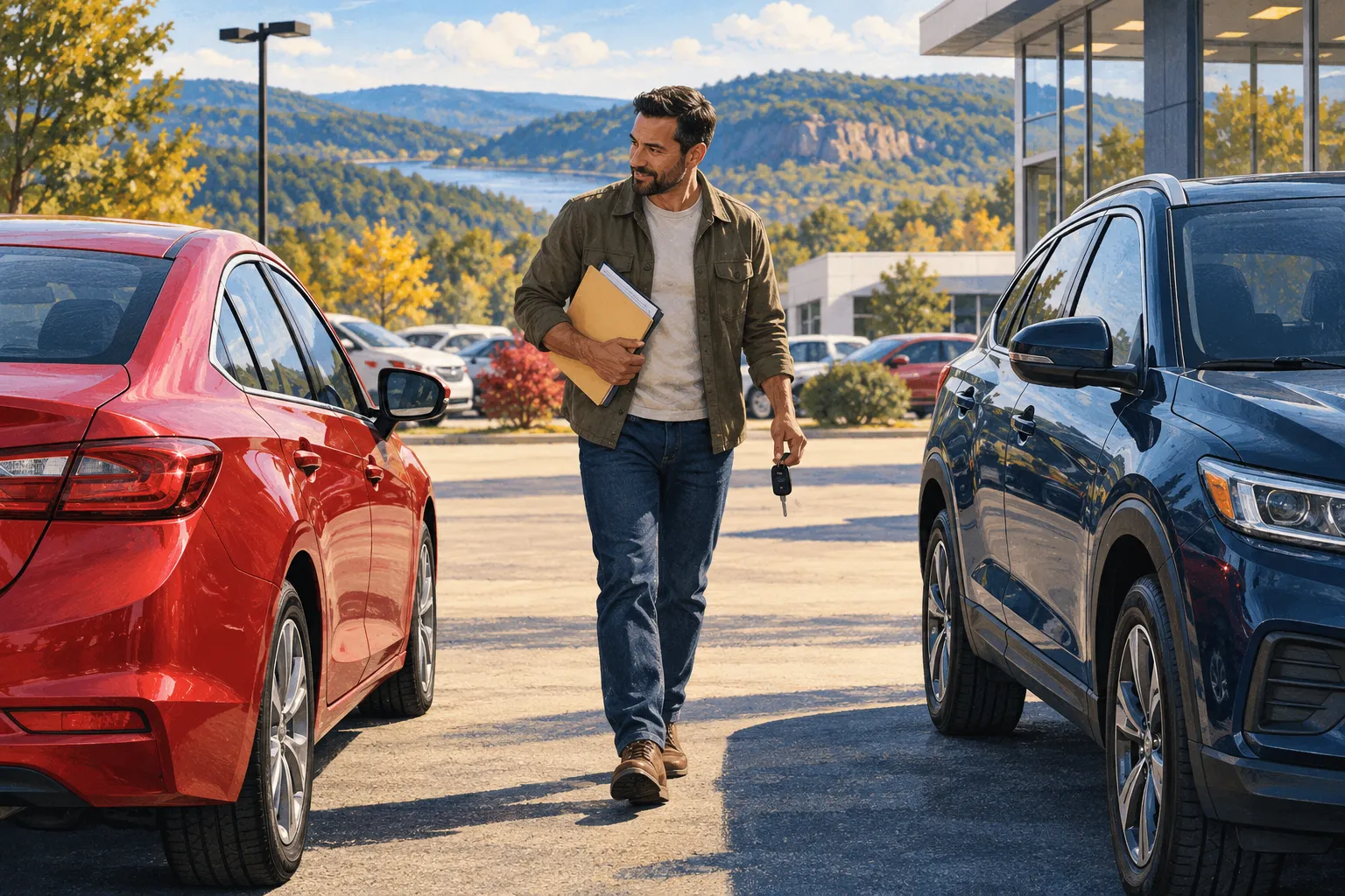 Editorial illustration of an adult carrying a folder and keys between two cars on a dealership lot.