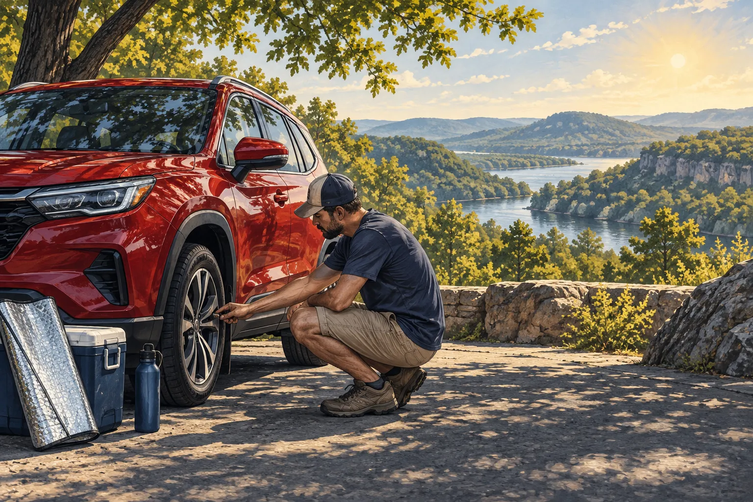 Editorial illustration of an adult checking a red SUV's tire in summer shade near an Ozark overlook.
