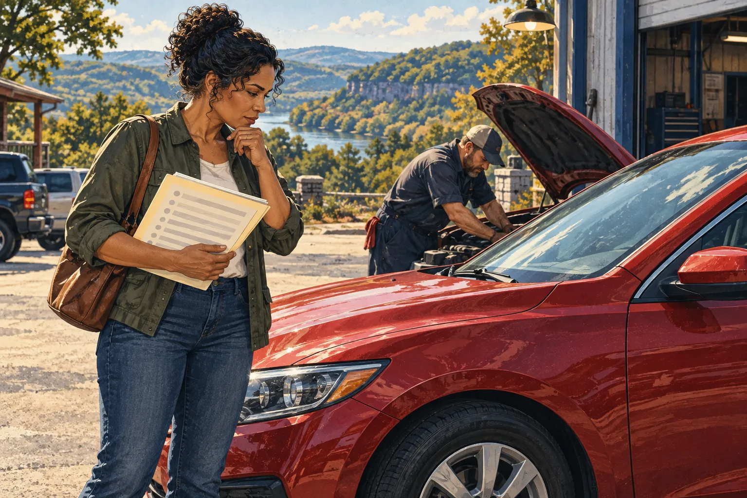 Editorial illustration of an adult reviewing a vehicle-history folder while a mechanic examines a red sedan.
