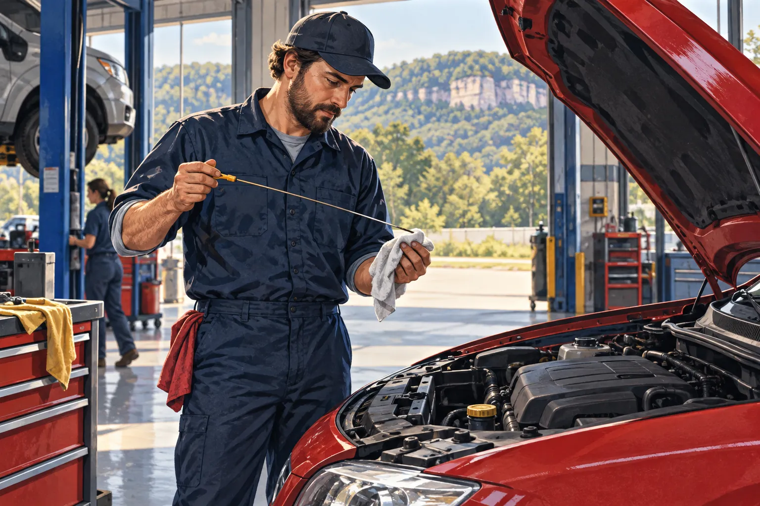 Editorial illustration of a mechanic checking a dipstick beside a red car with its hood open in a service bay.