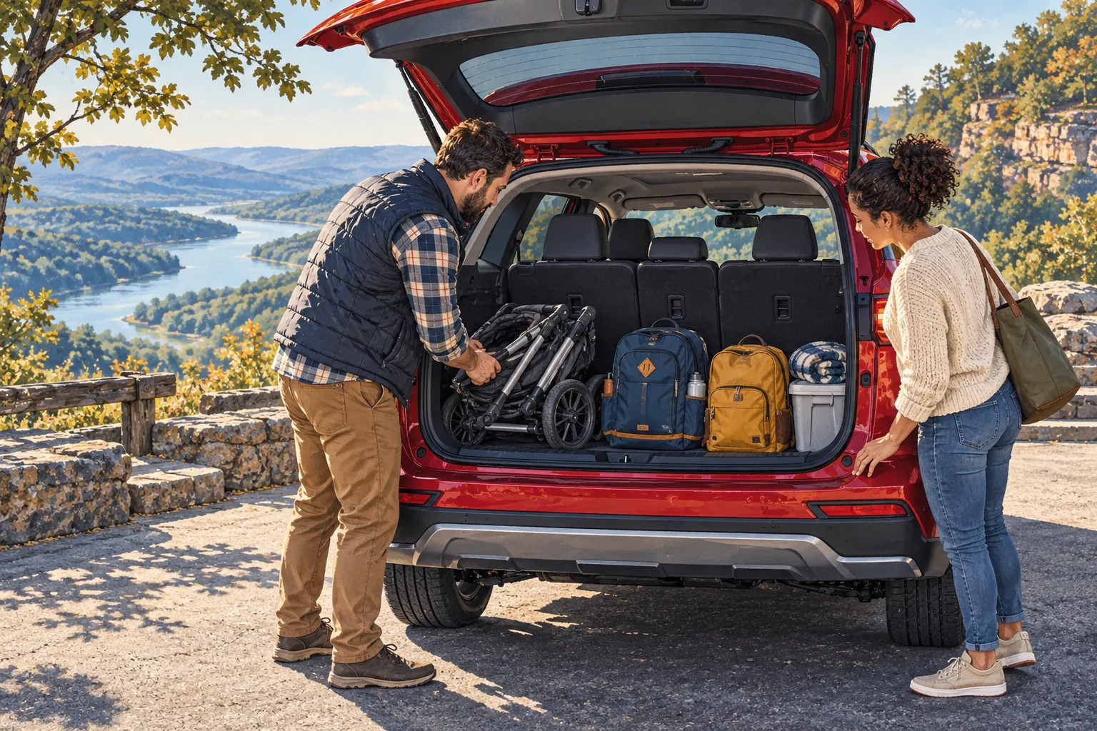 Editorial illustration of parents checking backpack and stroller space behind the upright seats of a red SUV.