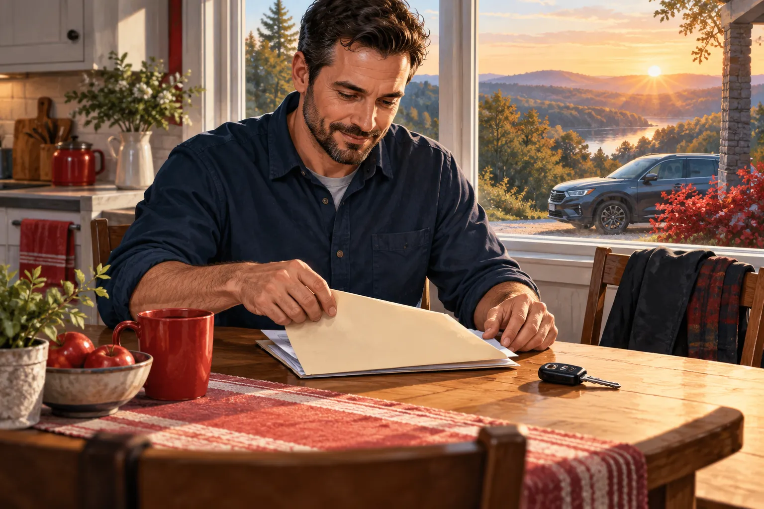 Editorial illustration of an adult organizing a folder and car key at a kitchen table.