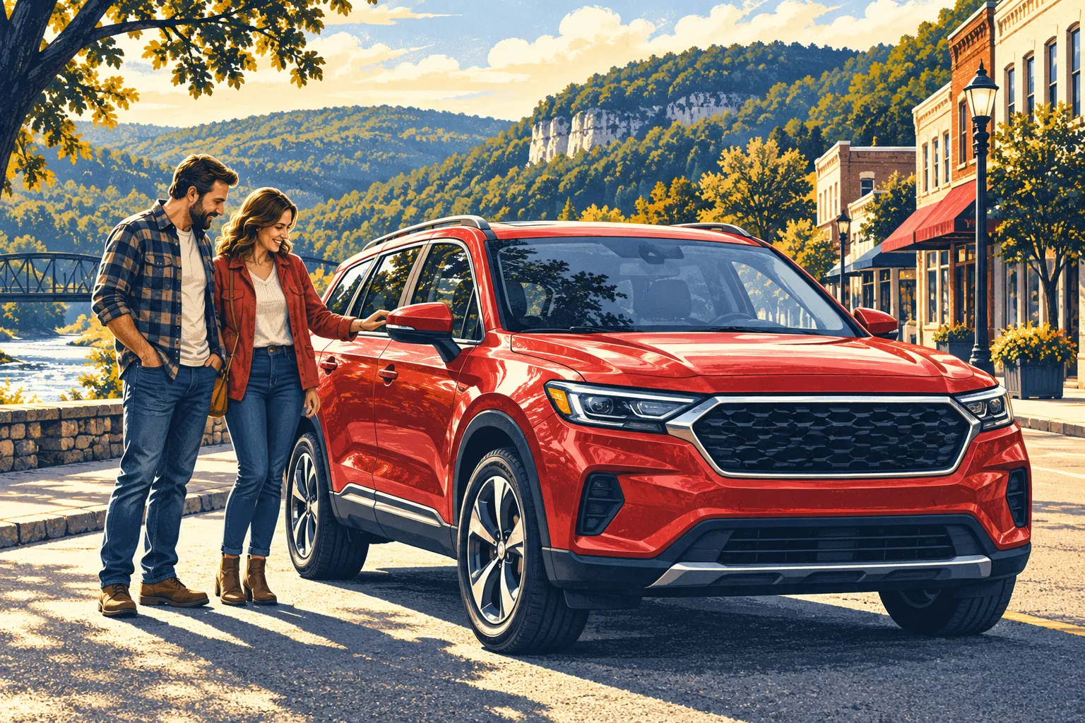 Editorial illustration of a couple considering a red SUV on an Ozark town street.
