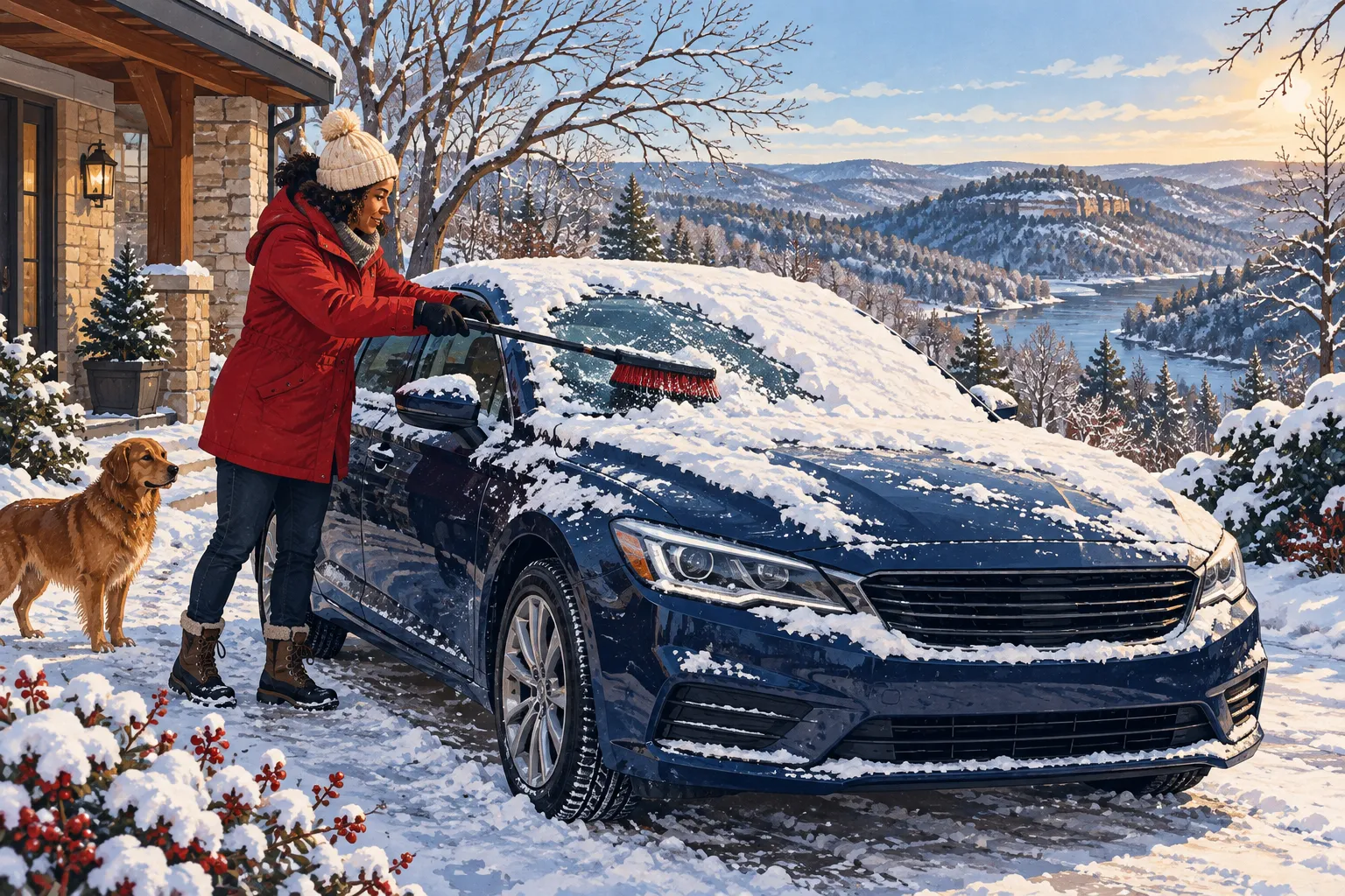 Editorial illustration of an adult in a red coat brushing snow from a navy sedan parked in a driveway.