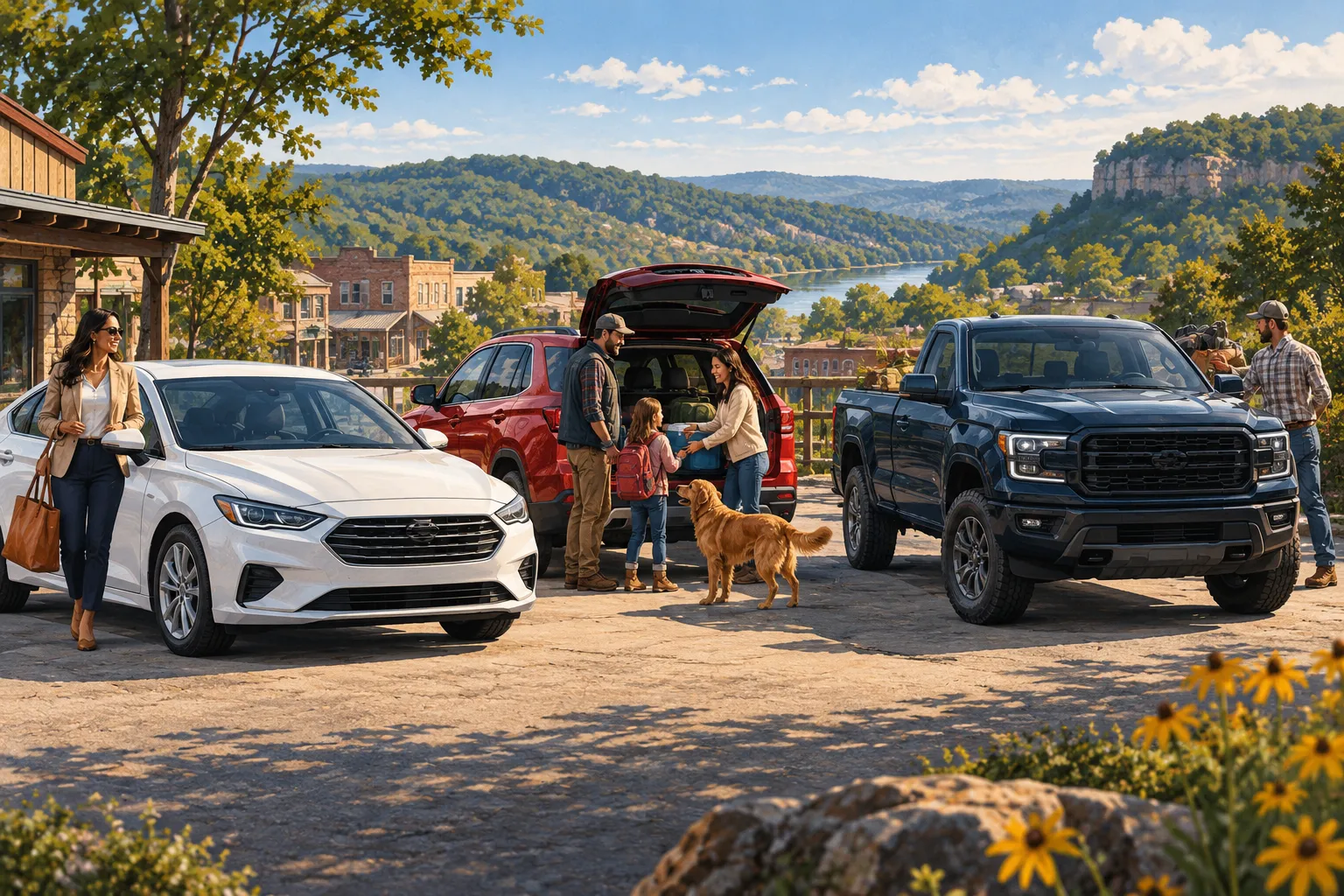 Editorial illustration of a white sedan, red SUV, and navy pickup arranged on an Ozark town lot.