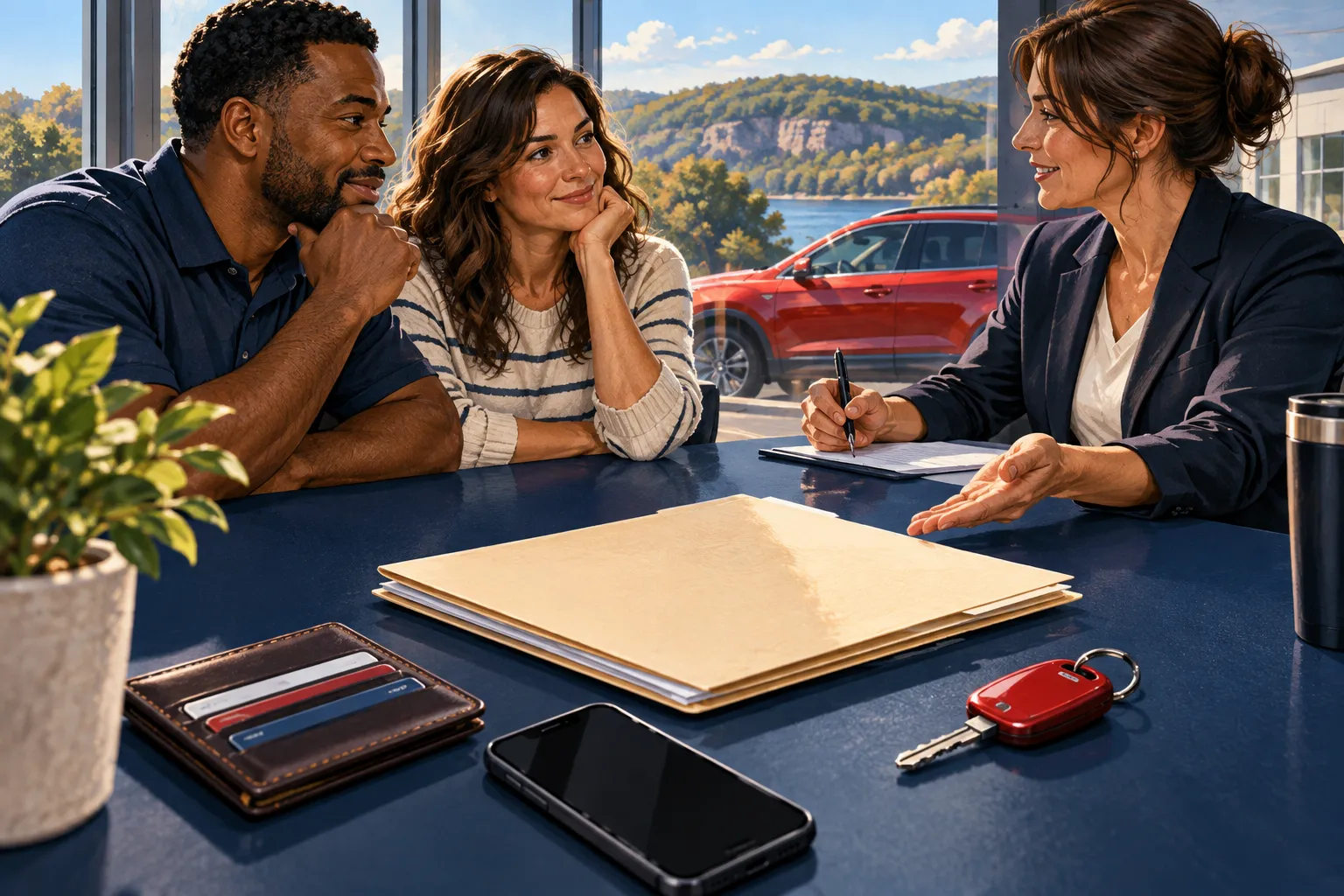 Editorial illustration of an organized document folder, wallet, phone, and car key on a navy tabletop.
