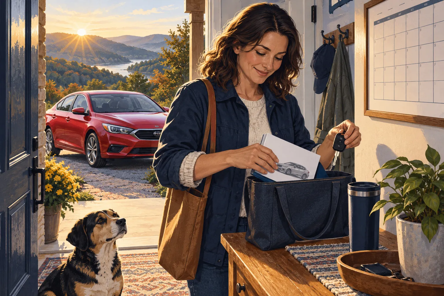 Editorial illustration of an adult organizing a vehicle manual and keys in an entryway, with a red car outside.