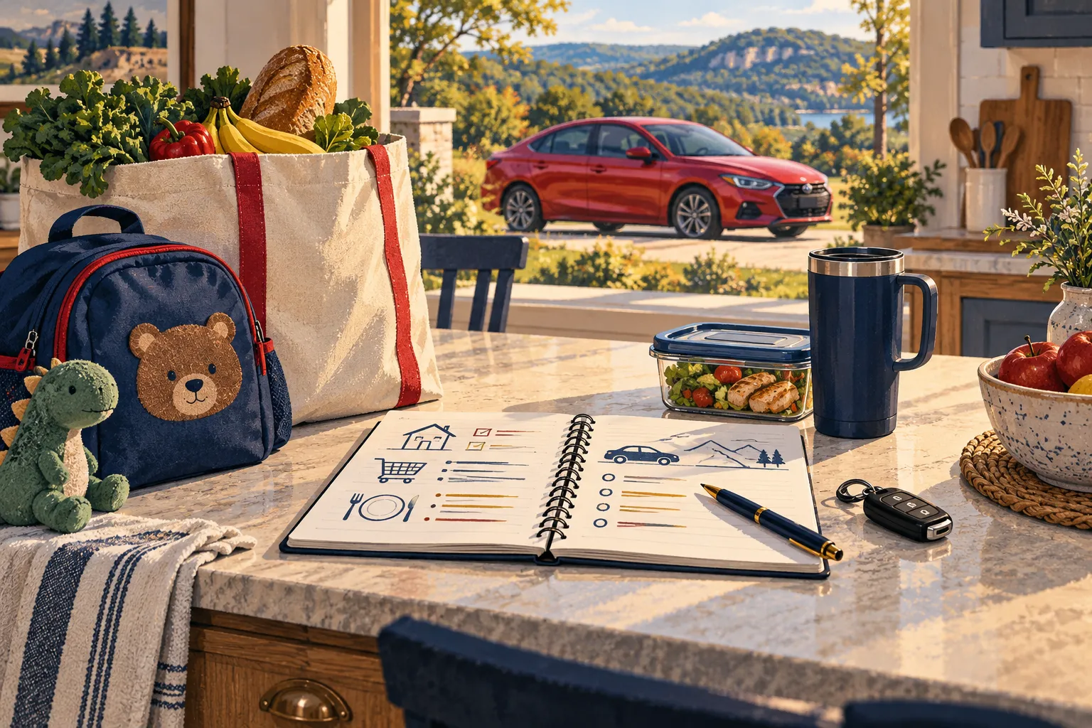 Editorial illustration of groceries, a child's backpack, a budget notebook, and a car key in a family kitchen.