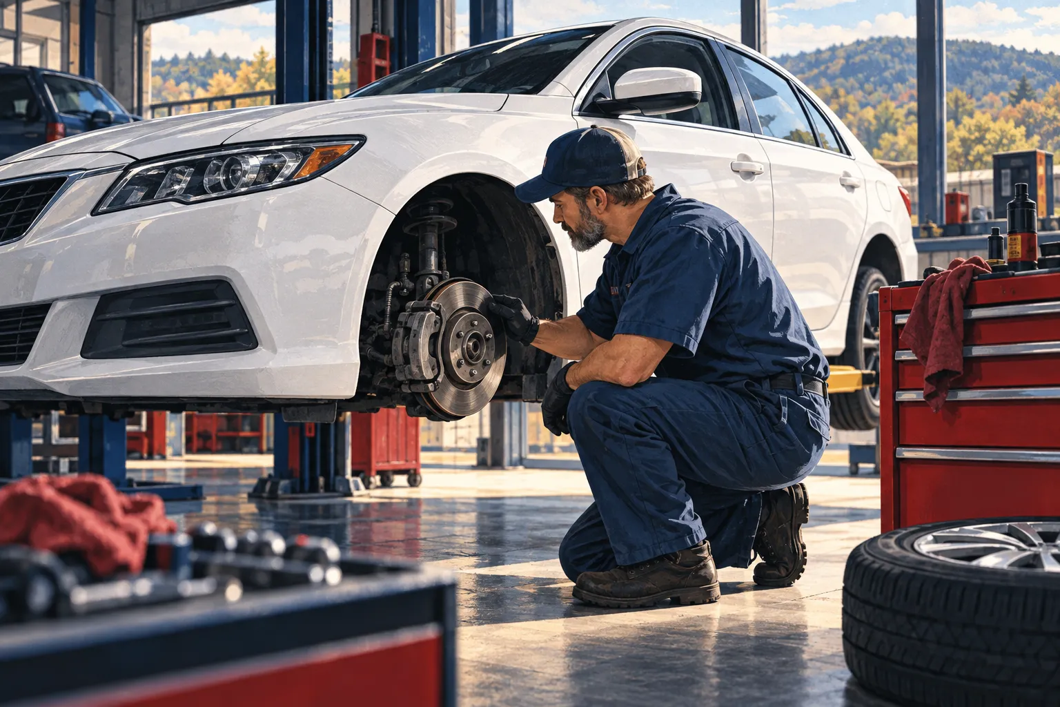 Editorial illustration of a mechanic inspecting a white sedan's exposed brake assembly in a service bay.