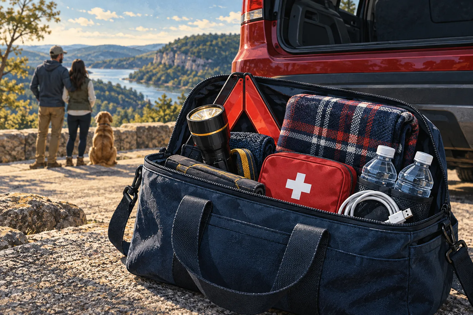 Editorial illustration of a roadside bag holding a flashlight, blanket, water, first-aid pouch, and charging cable.