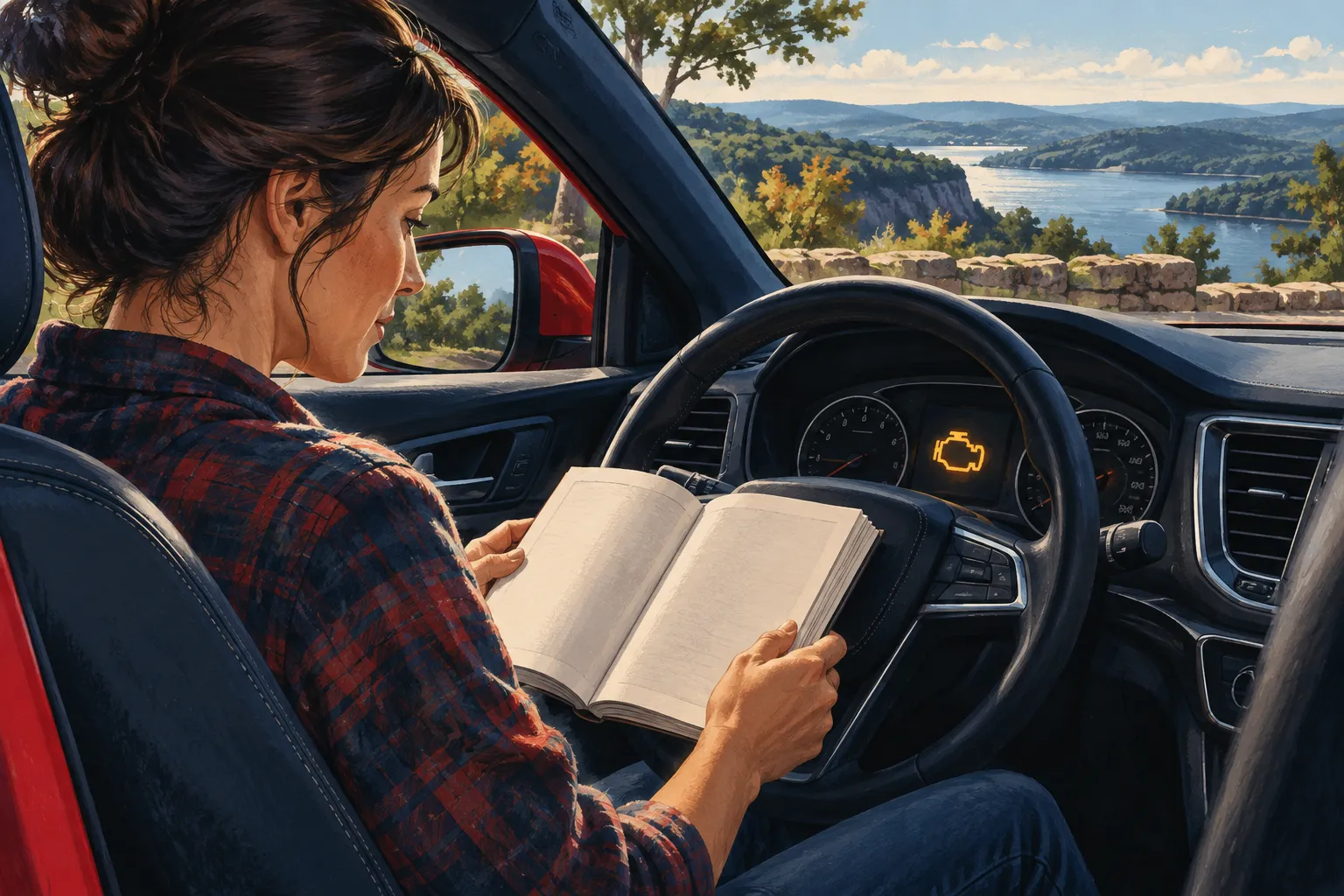 Editorial illustration of a parked driver reading a manual beside an illuminated amber engine warning symbol.