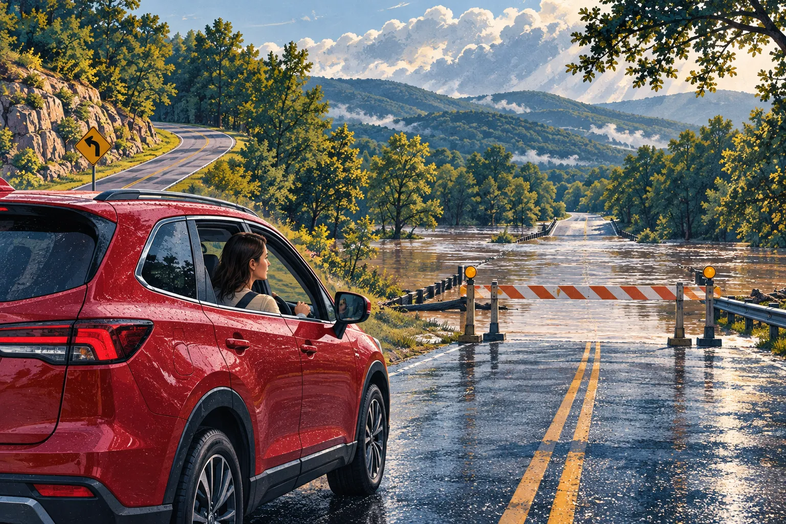 Editorial illustration of a red car stopped before a barricade, with floodwater covering the road beyond it.