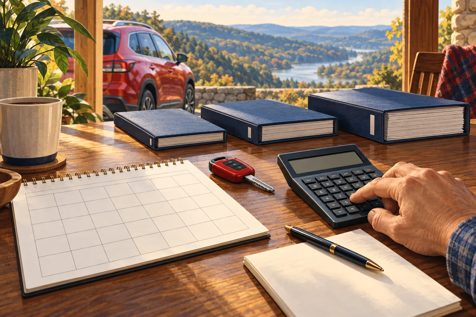 Editorial illustration of a calendar, organized folders, calculator, and red car key on a desk.
