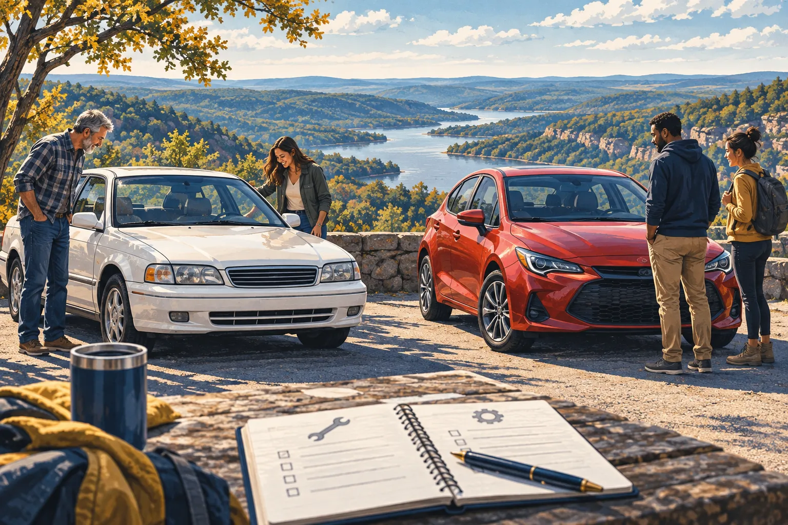 Editorial illustration of an older white sedan and a red hatchback parked together at an overlook.