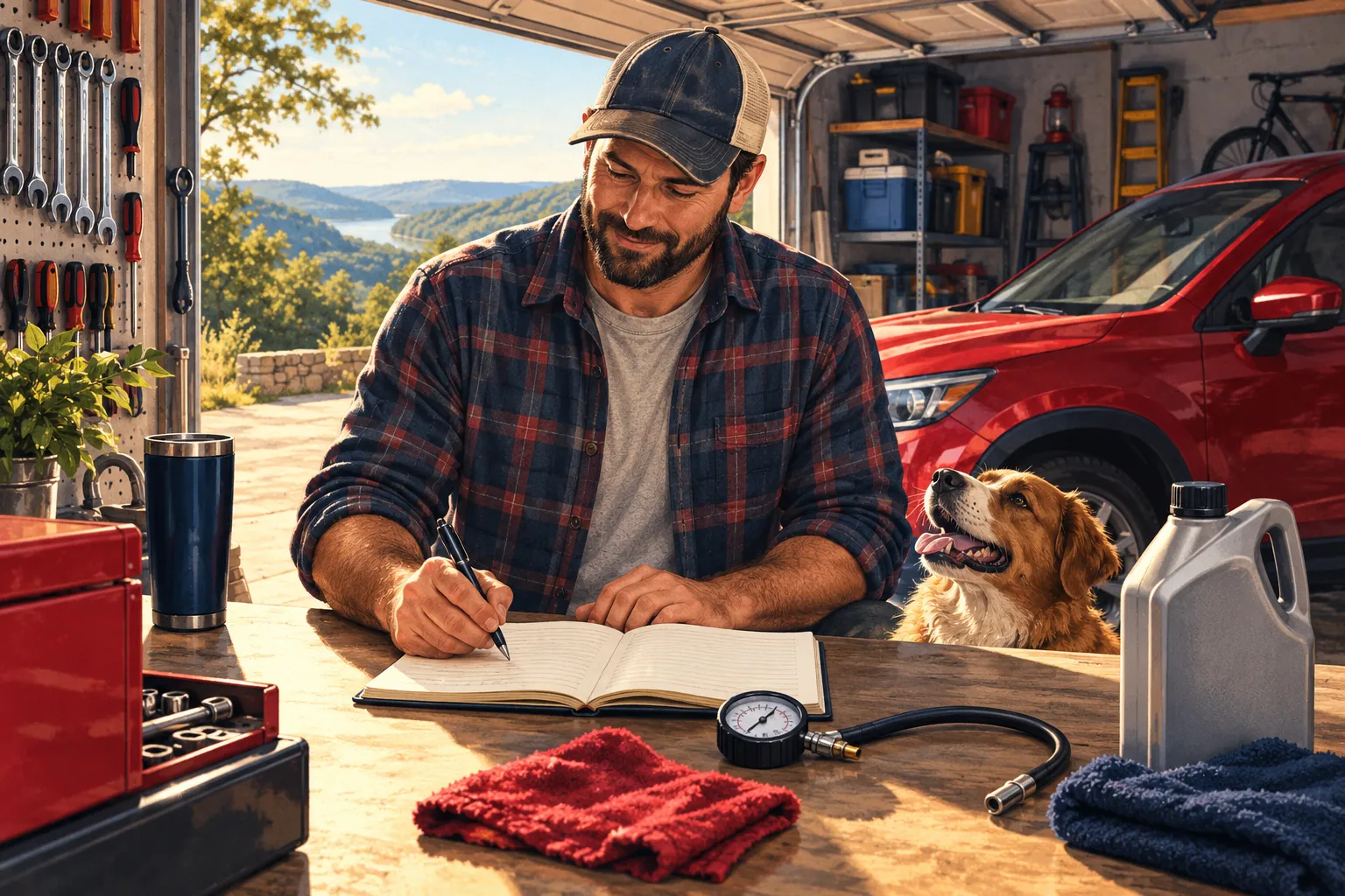 Editorial illustration of an adult updating a service notebook at a garage workbench beside a red car.