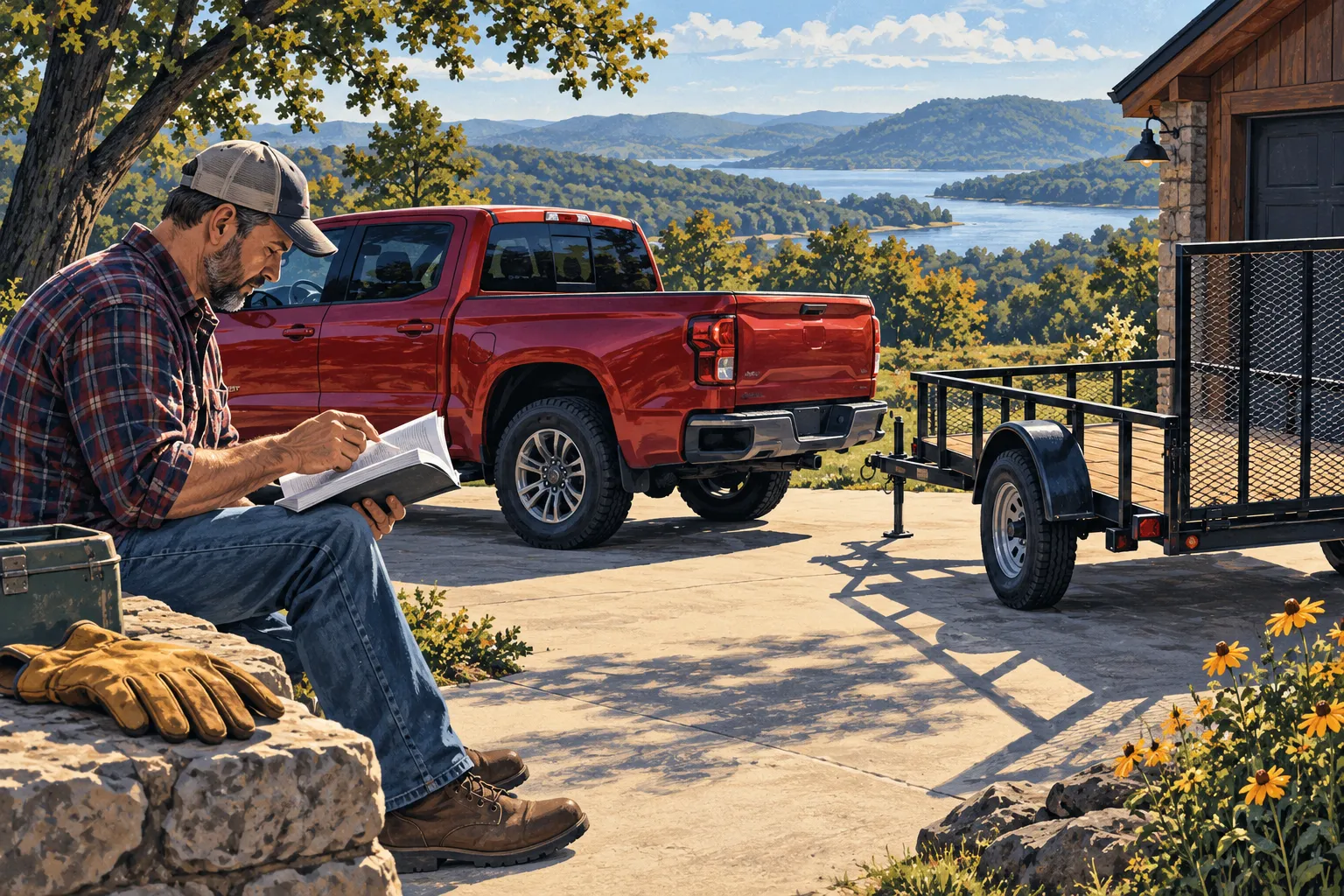 Editorial illustration of an adult reviewing a manual beside a parked red pickup and an unattached utility trailer.