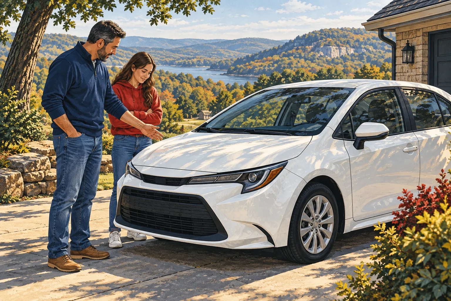 Editorial illustration of a parent and teenage learner discussing a white sedan in a quiet driveway.