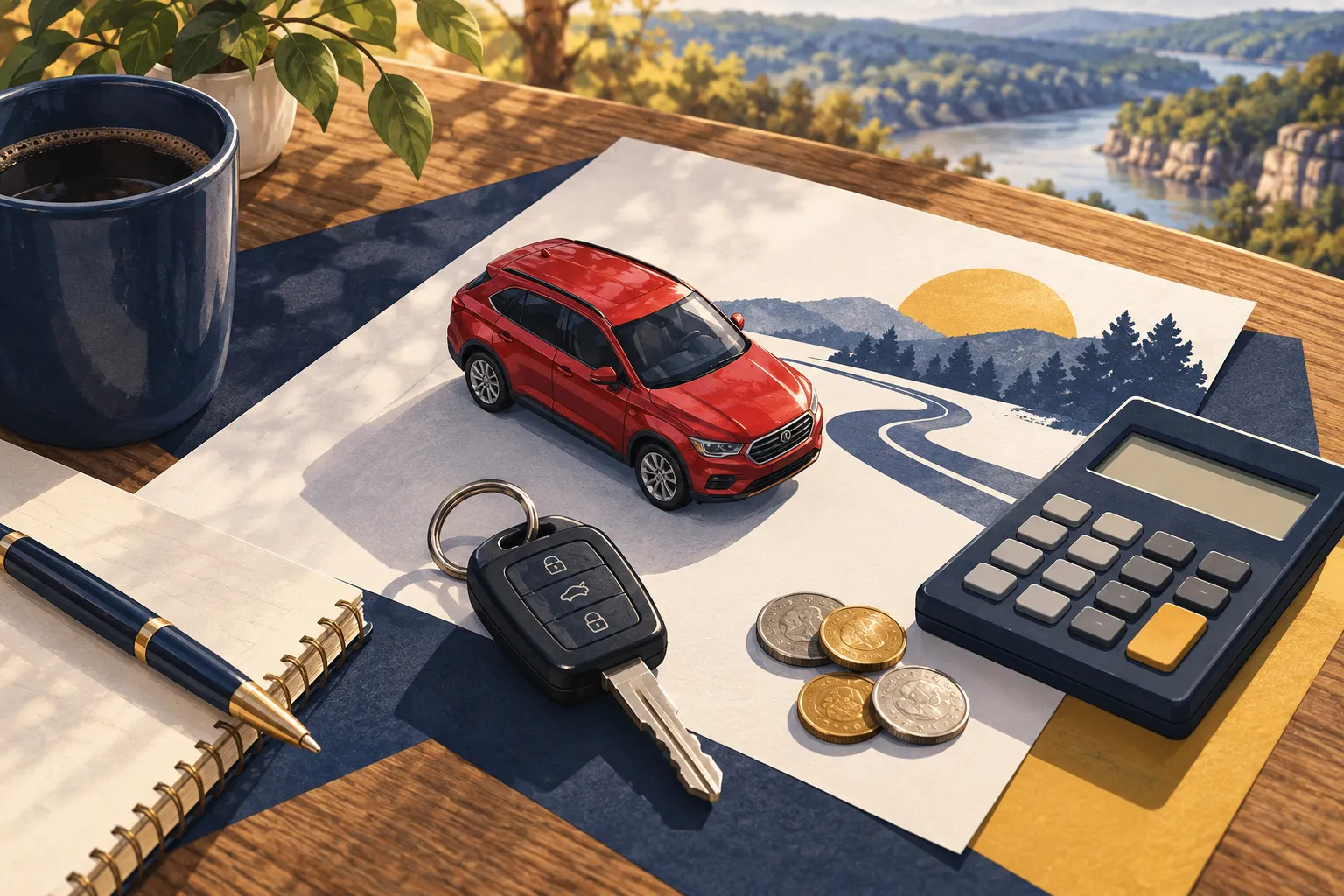 Editorial illustration of a red model car, car key, calculator, and coins arranged on a tabletop.