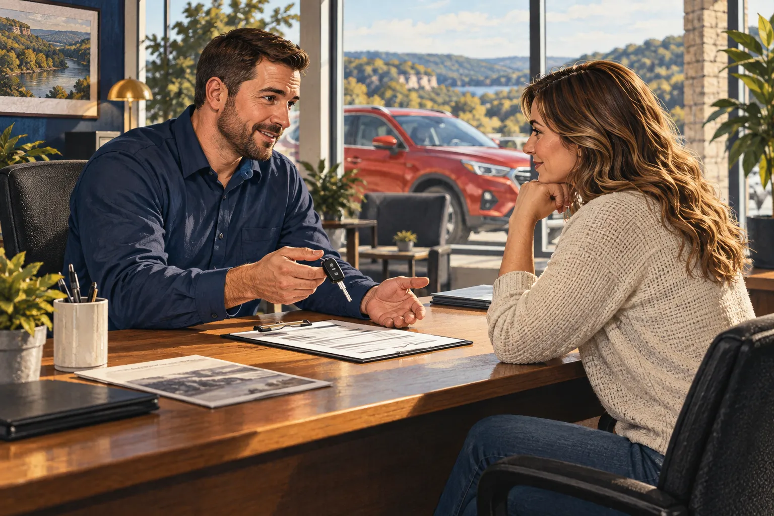 Editorial illustration of two adults discussing vehicle financing and paperwork in a dealership office.